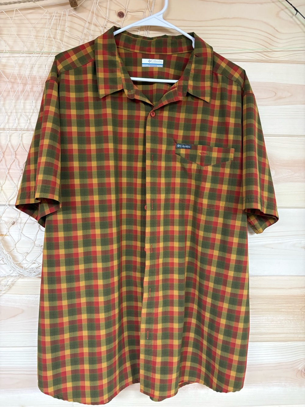 Columbia Men’s Short-Sleeve Plaid Button-Up Shirt in Olive, Red, Yellow